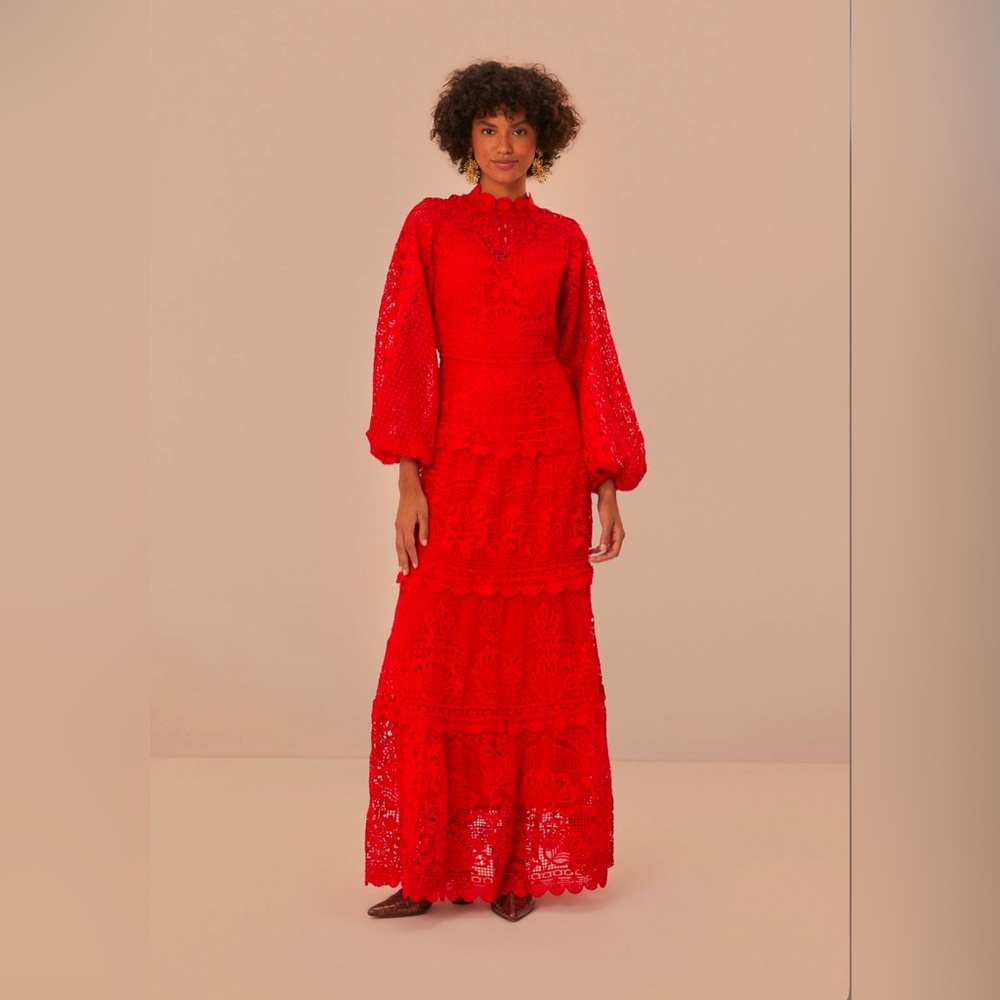 FARM Rio Vibrant Red Lace Maxi Dress
